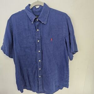 Short Sleeve Ralph Lauren Linen Button Shirt Sz Large Blue Preppy Office U0422